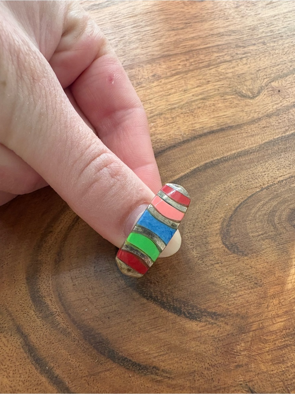 Vintage Colorful Sterling Silver With Striped Inlay Stones - Size 7.5 - Picture 4 of 14